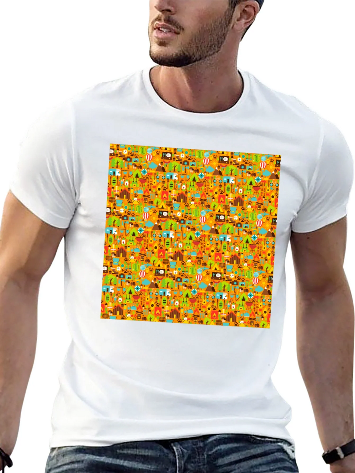 Camping Pattern Mens Black T-Shirt product image 12