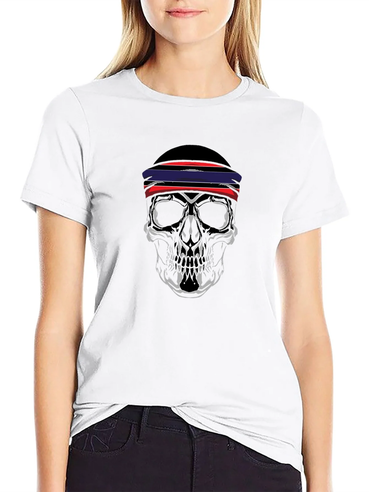 Skull Graphic Tee - Black with Red & Blue Headband Design product image 8
