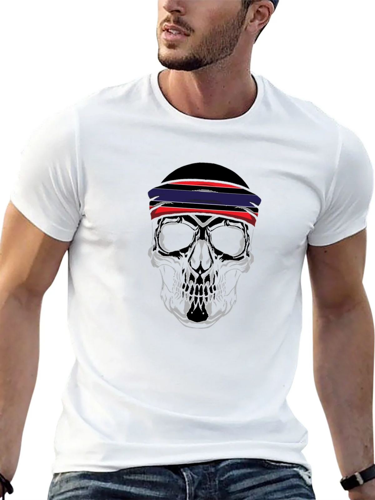 Skull Graphic Tee - Black with Red & Blue Headband Design product image 12