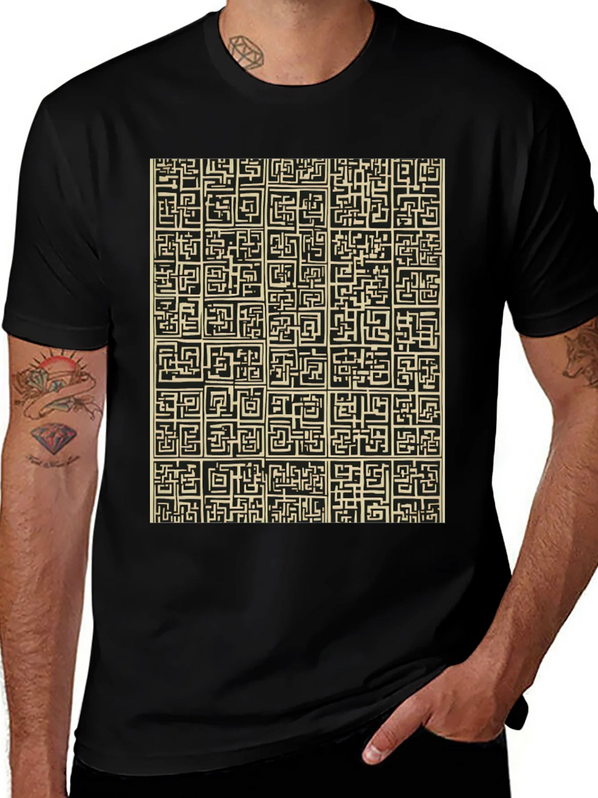 Abstract Maze Pattern Black T-Shirt product image 1