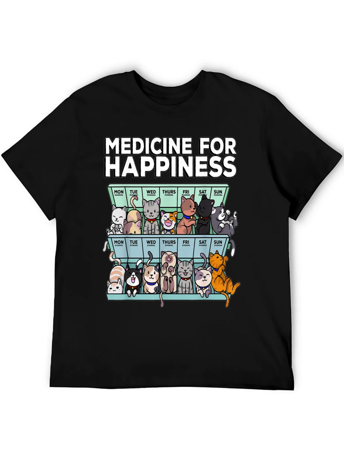 Medicine for Happiness Cat Pill Box Black T-Shirt product image 3