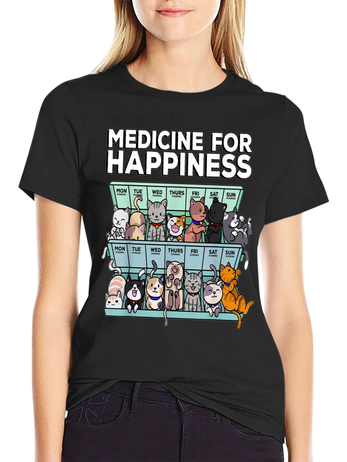 Medicine for Happiness Cat Pill Box Black T-Shirt product image 1