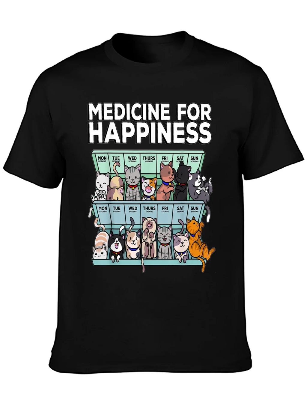 Medicine for Happiness Cat Pill Box Black T-Shirt product image 2