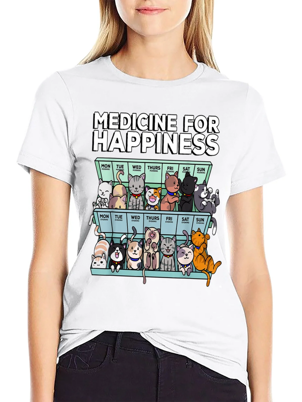 Medicine for Happiness Cat Pill Box Black T-Shirt product image 4