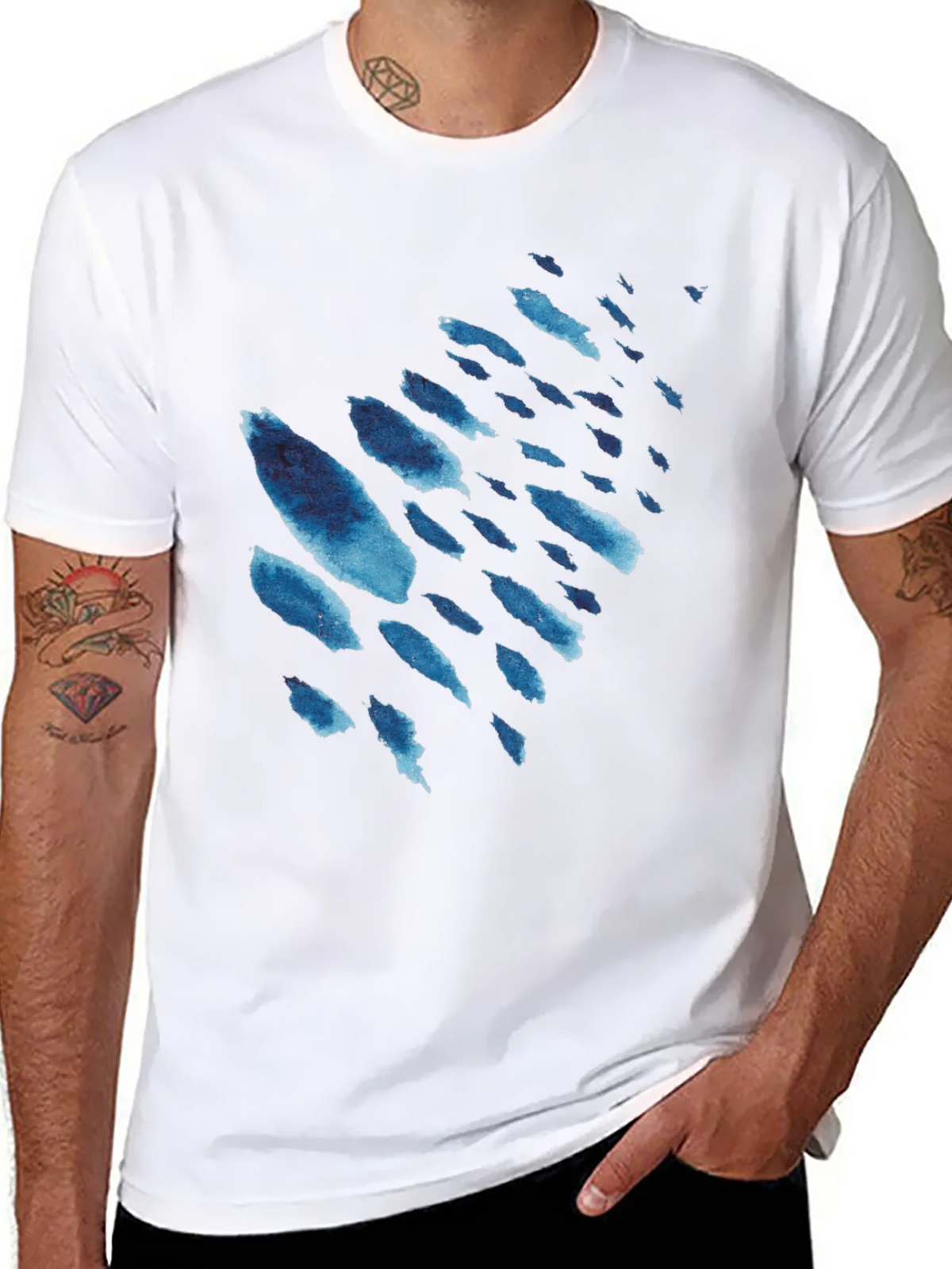 Mens Black T-Shirt with Blue Watercolor Design product image 7