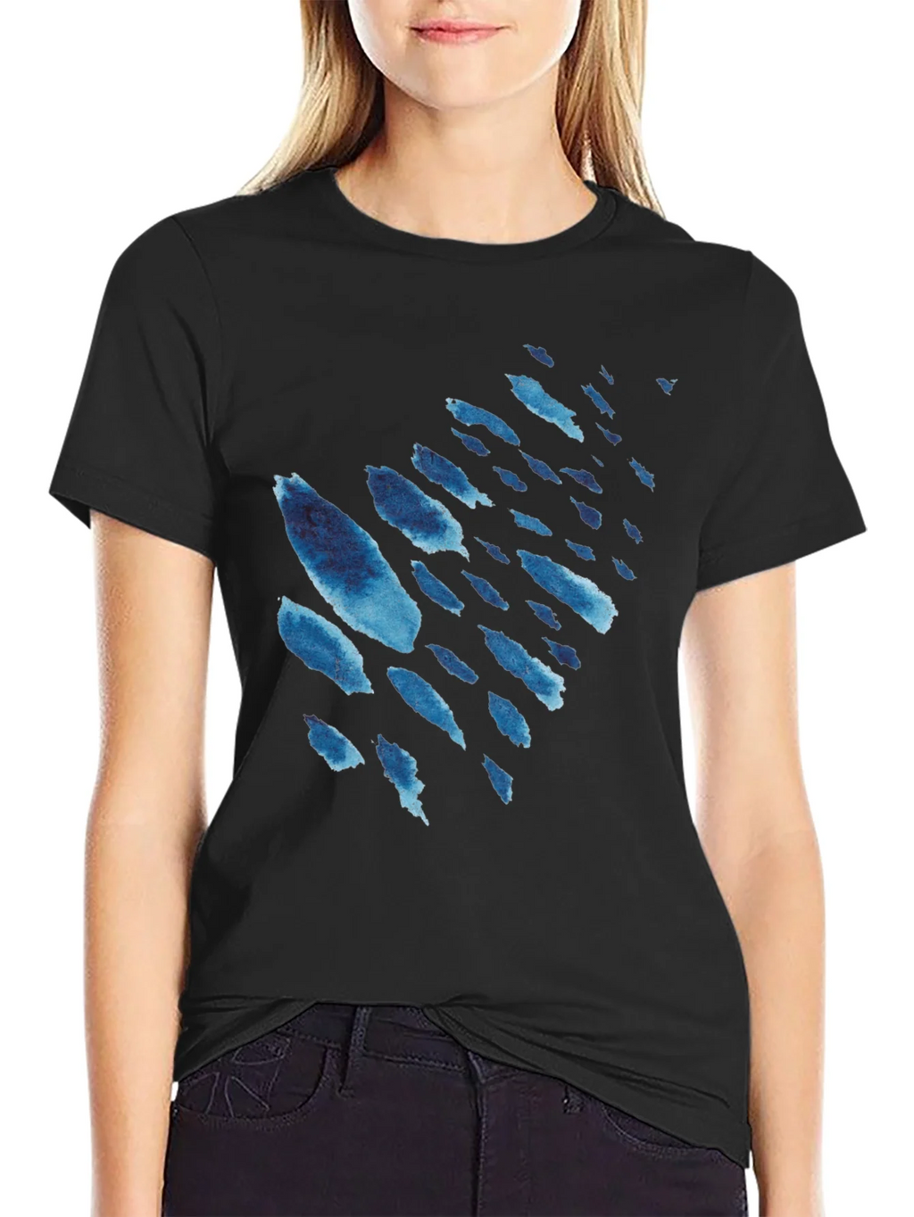 Mens Black T-Shirt with Blue Watercolor Design product image 2