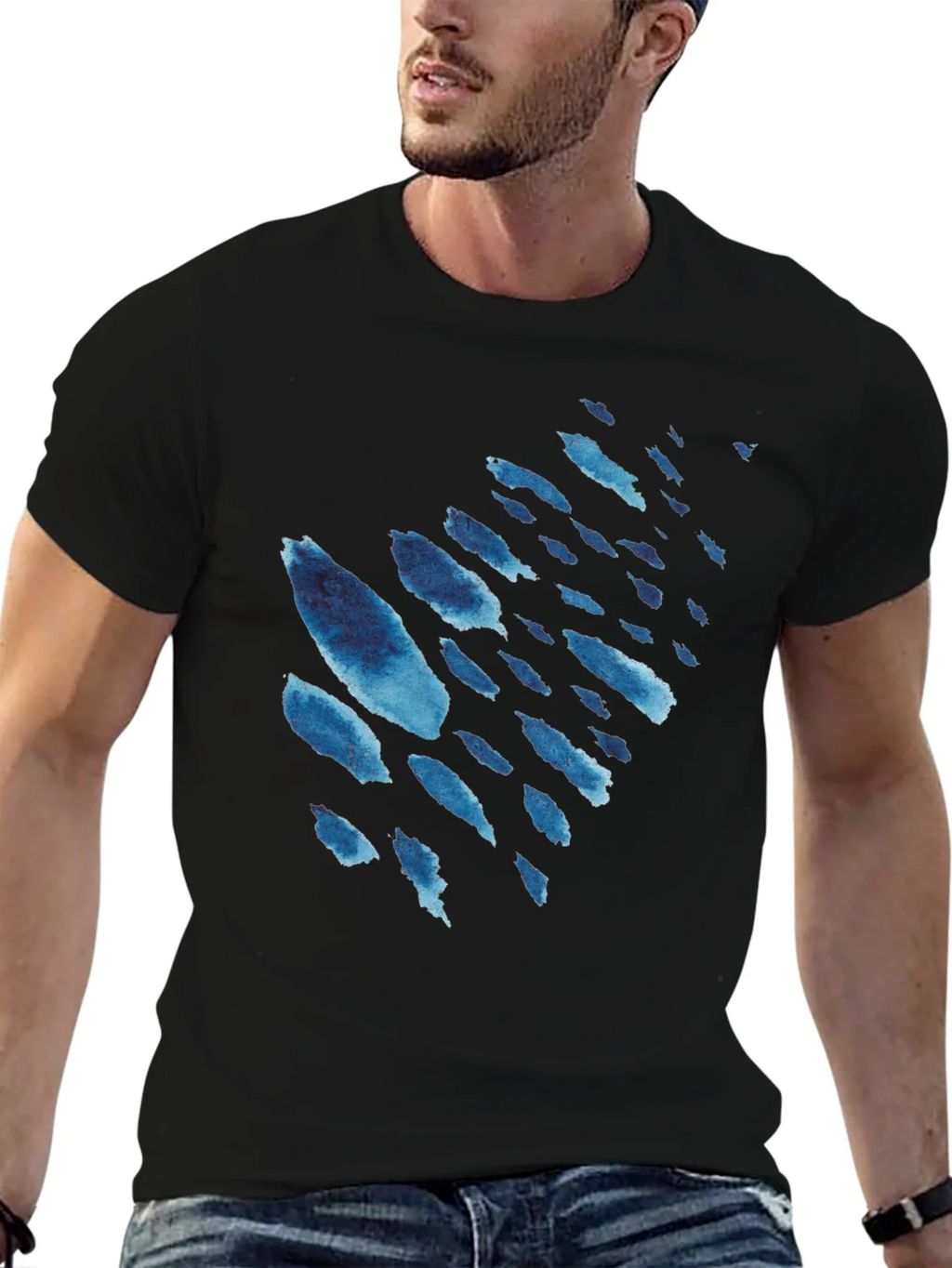 Mens Black T-Shirt with Blue Watercolor Design product image 6