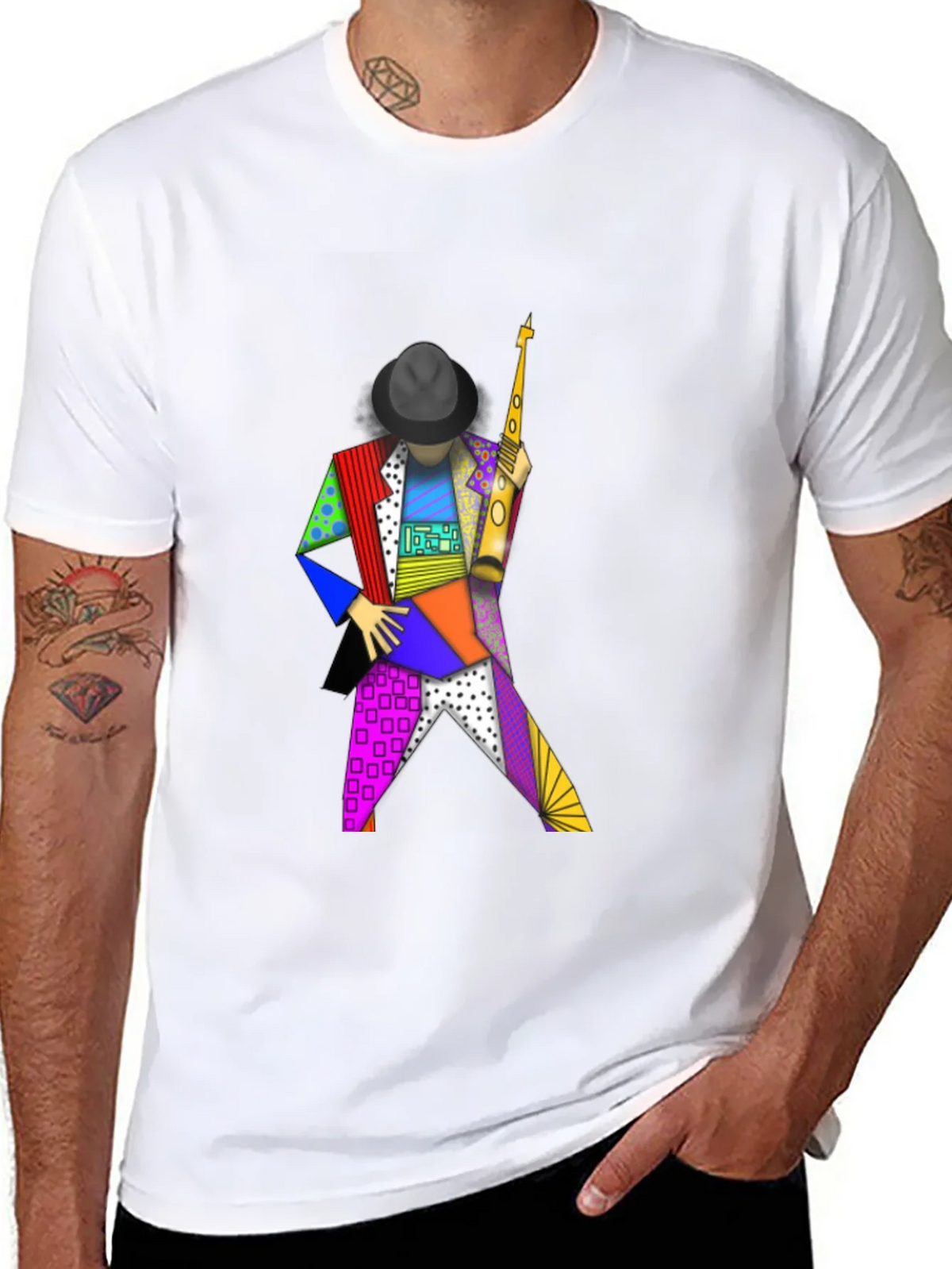 Geometric Sax Player Graphic Tee - Stylish Musicians Shirt product image 7