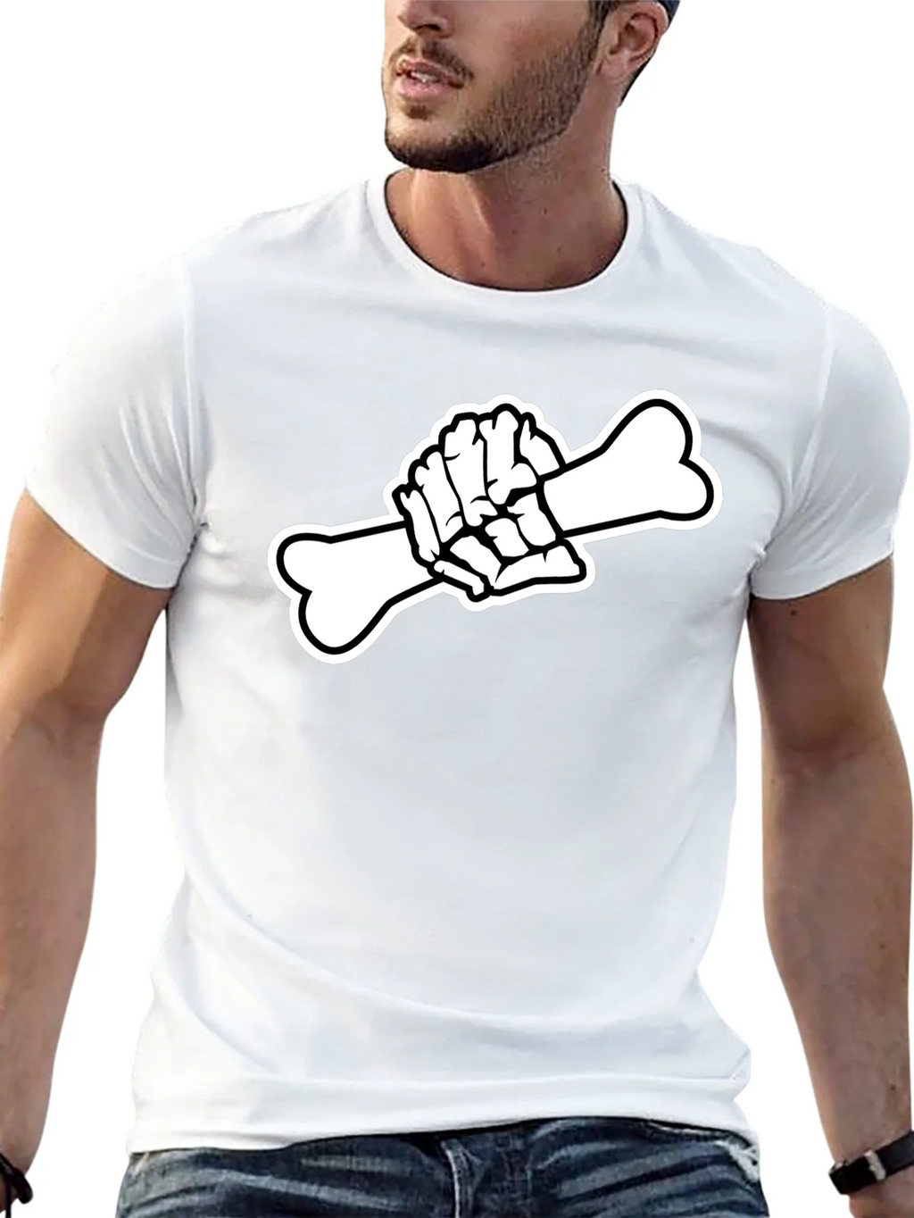 Black T-Shirt with Skeleton Hand Holding Bone Graphic product image 12