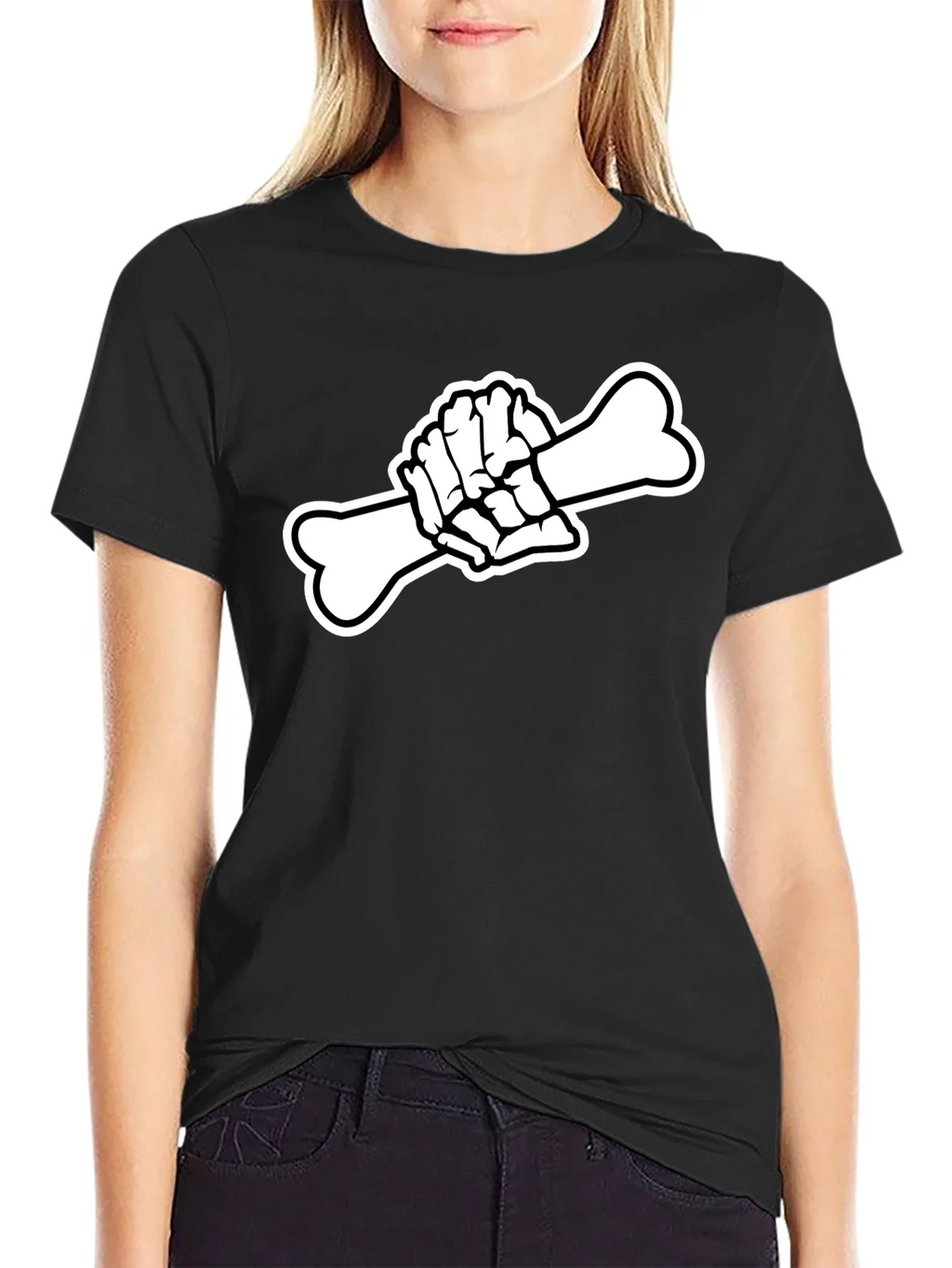 Black T-Shirt with Skeleton Hand Holding Bone Graphic product image 2