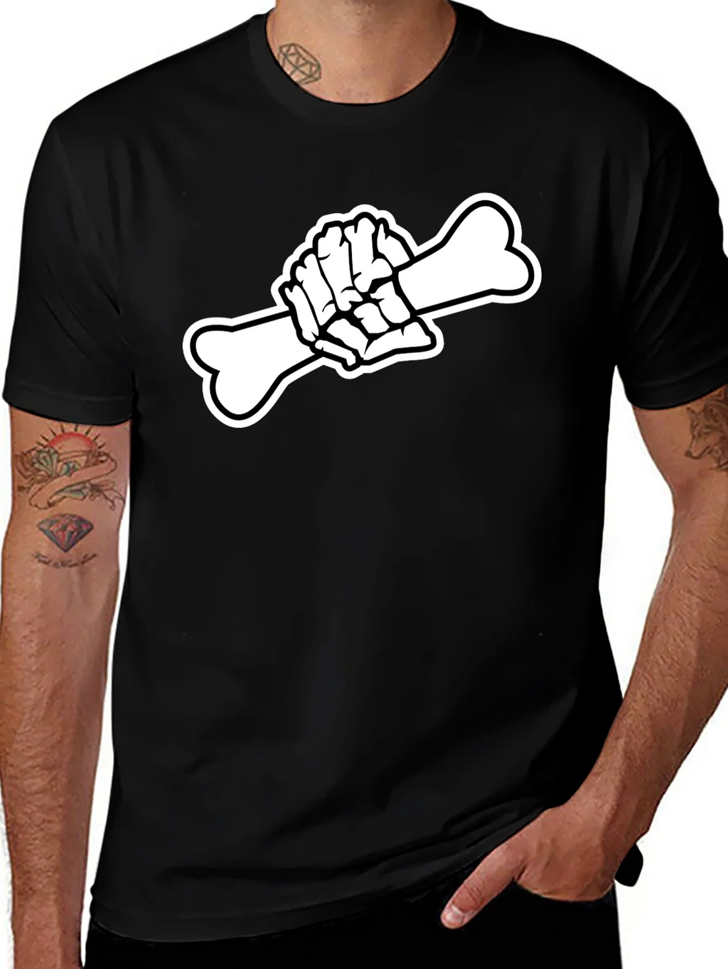 Black T-Shirt with Skeleton Hand Holding Bone Graphic product image 1