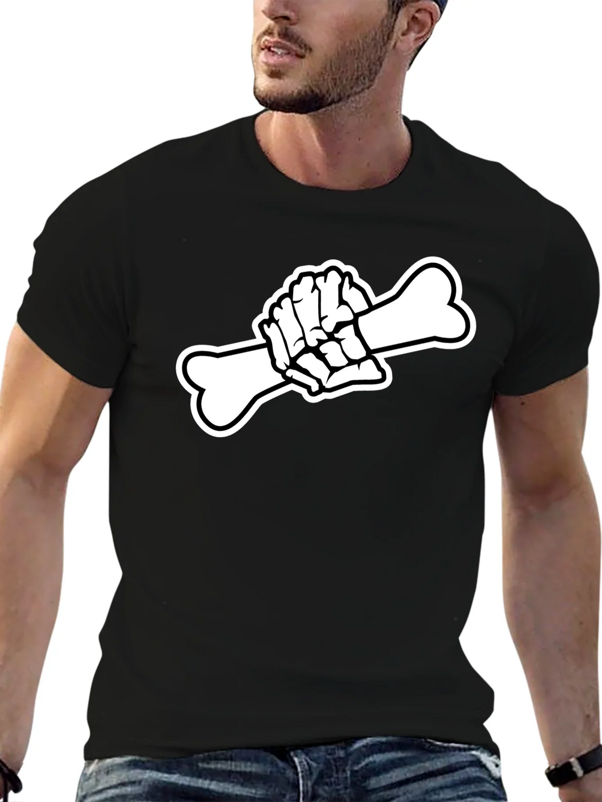 Black T-Shirt with Skeleton Hand Holding Bone Graphic product image 6