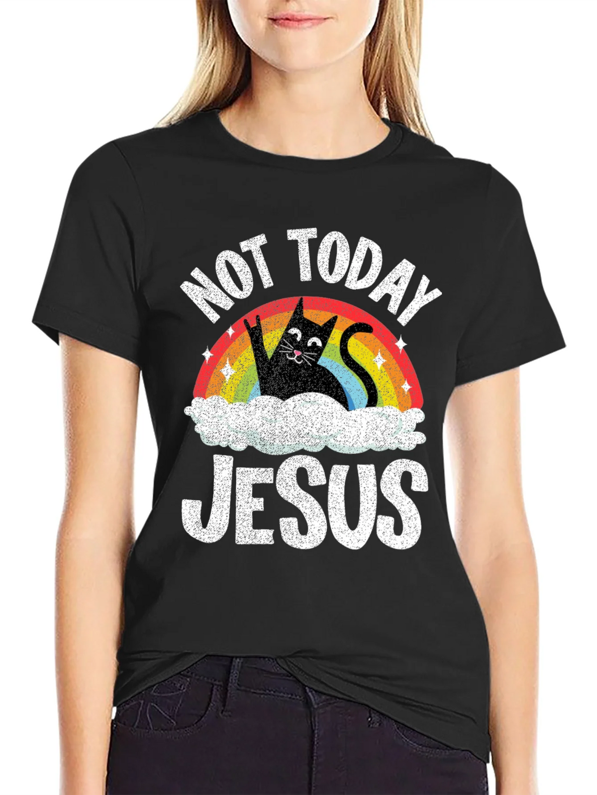 Not Today Jesus T-Shirt Funny Cat Rainbow product image 2