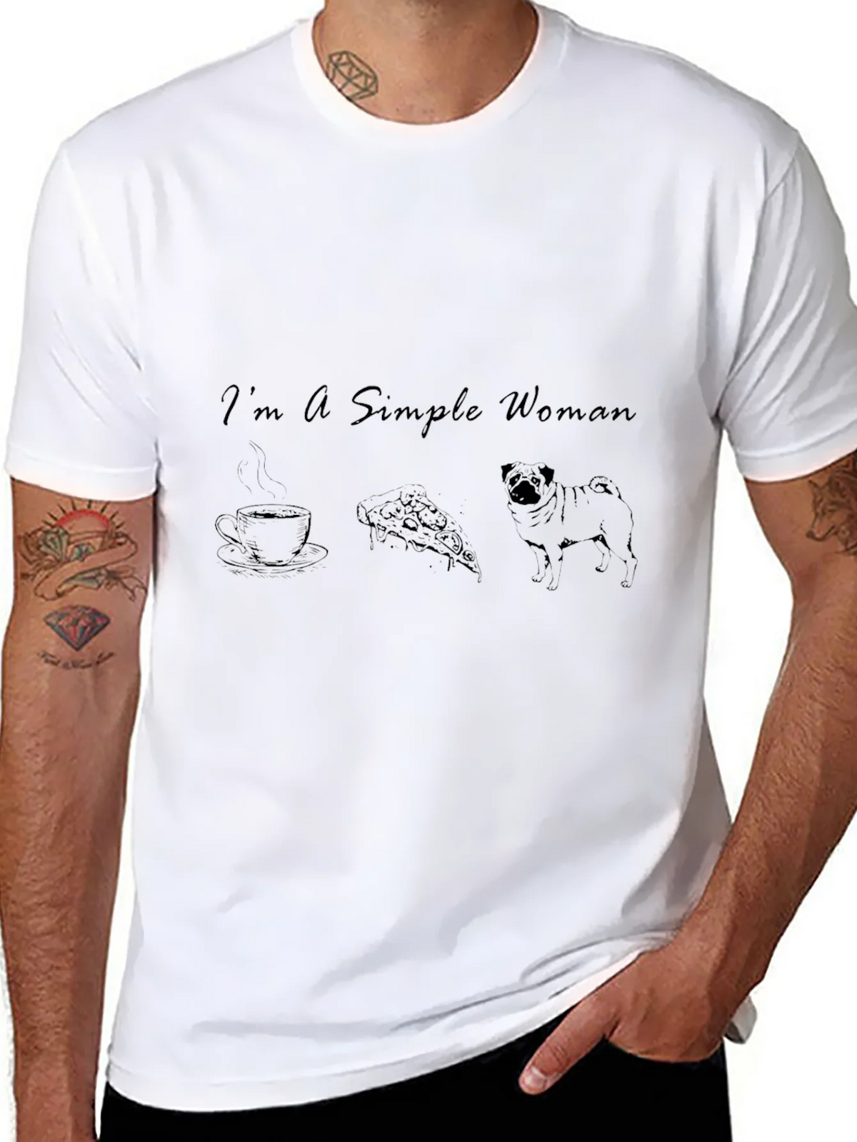 Simple Woman Coffee Pizza Pug Black T-Shirt product image 7