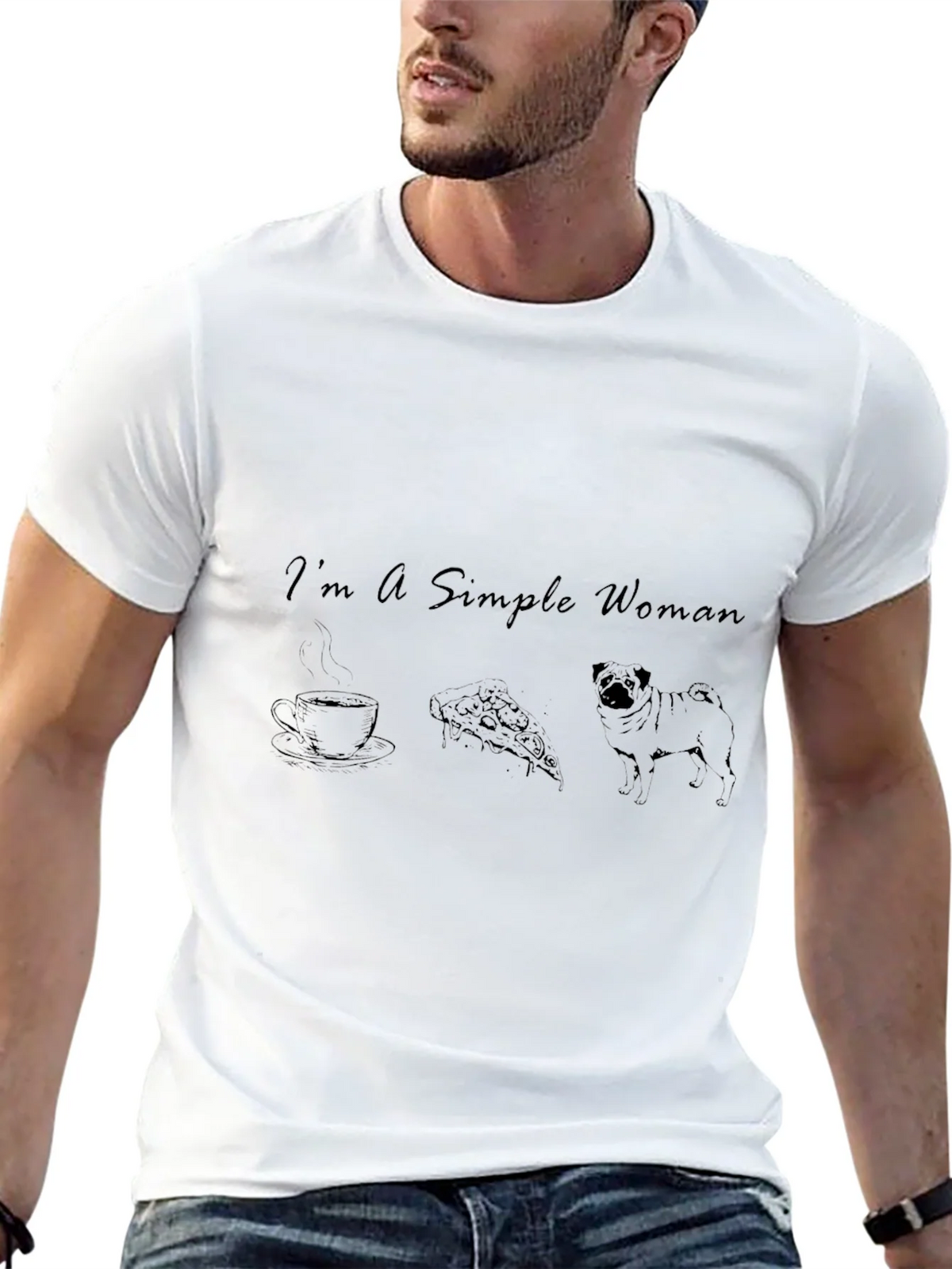 Simple Woman Coffee Pizza Pug Black T-Shirt product image 12