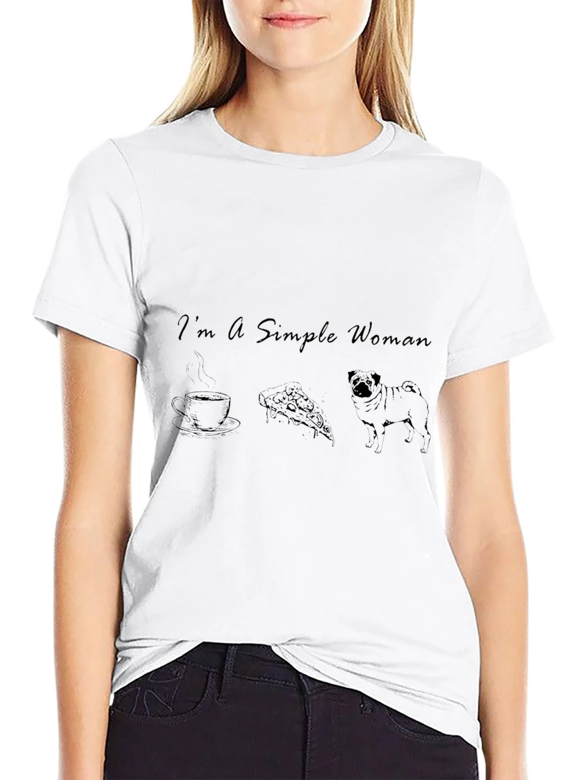 Simple Woman Coffee Pizza Pug Black T-Shirt product image 8