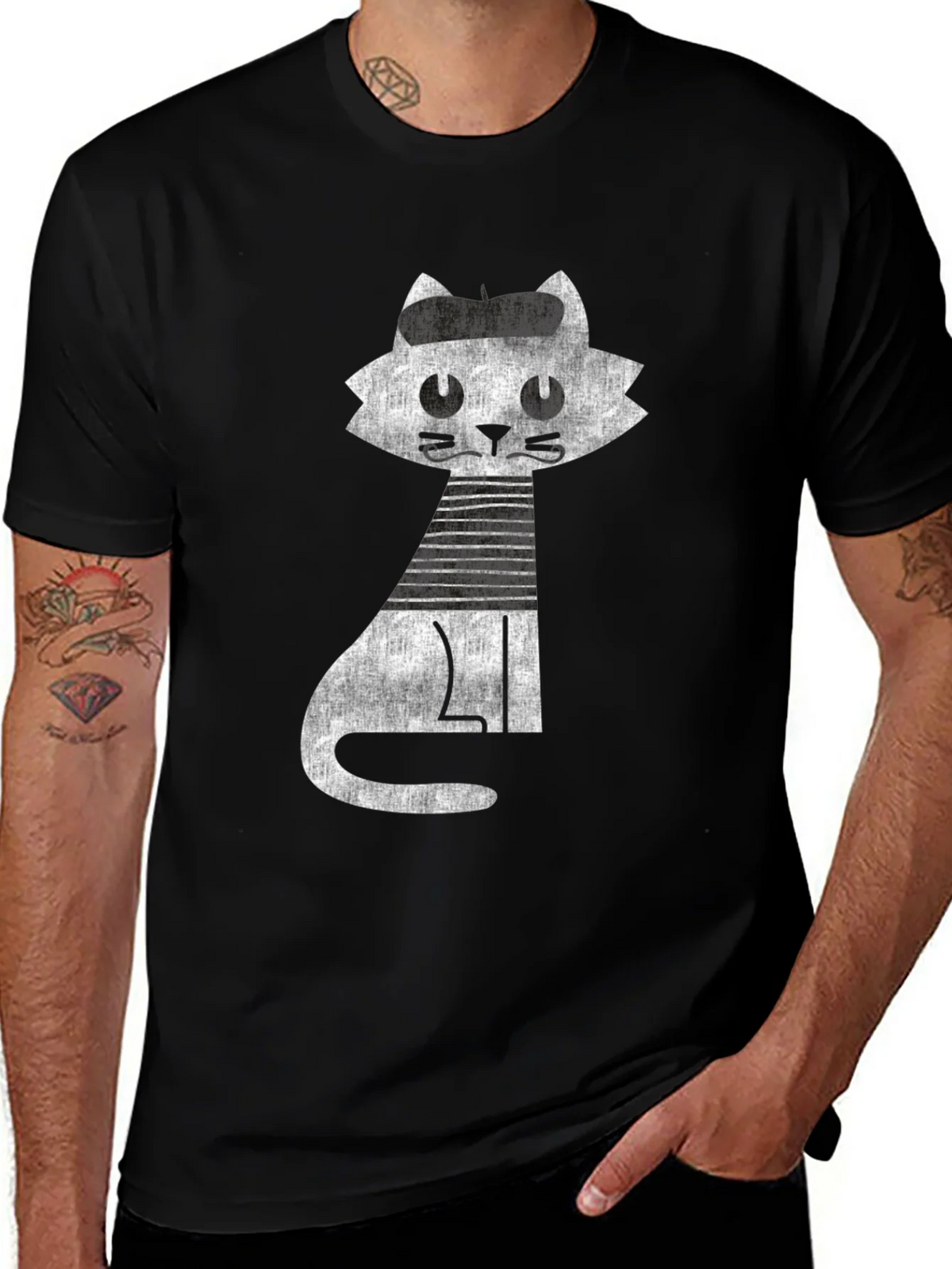 Retro Cat Graphic Tee - Cool Black Cotton T-Shirt product image 1