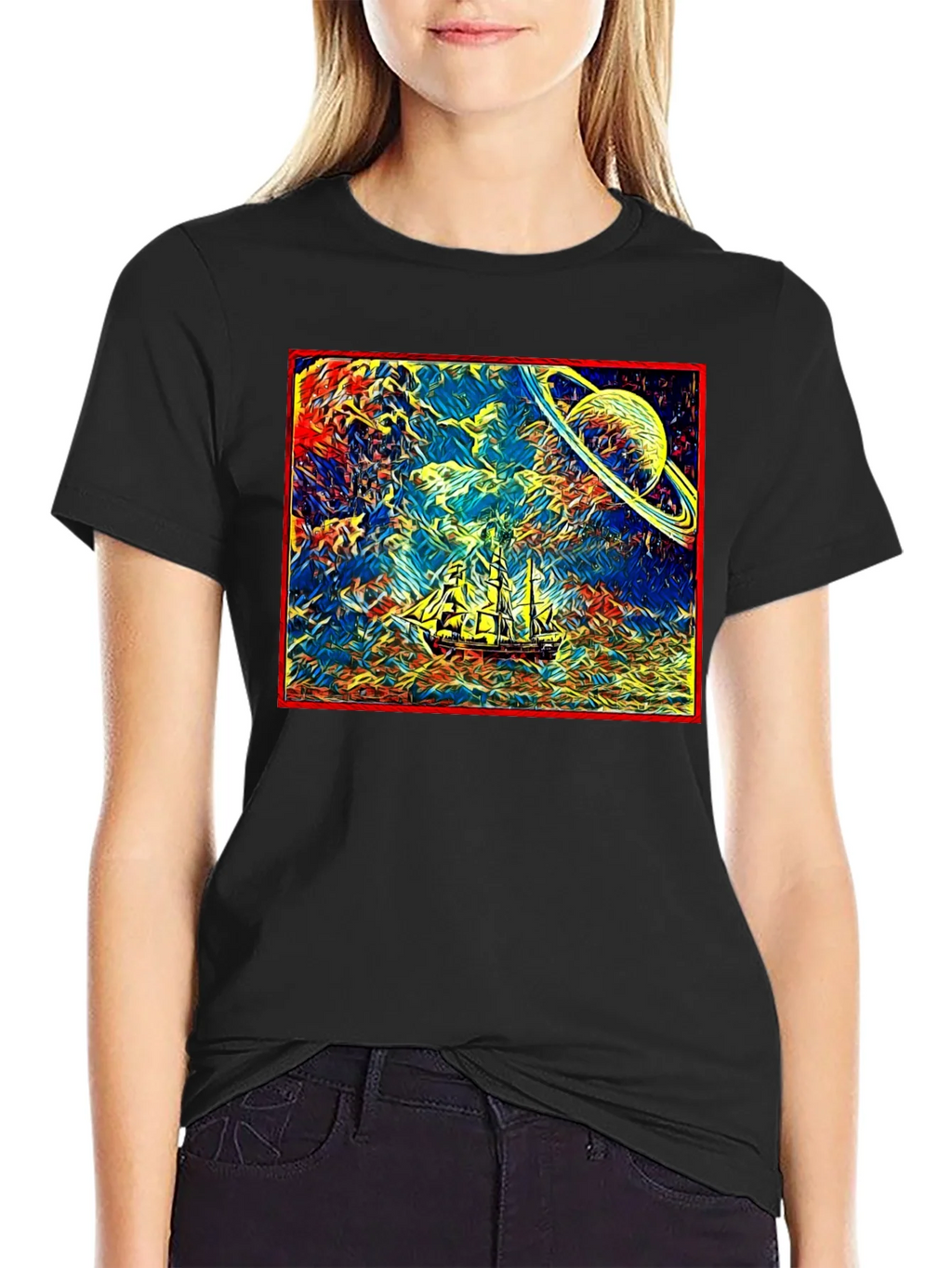 Cosmic Voyage T-Shirt - Saturn & Sailing Ship Tee product image 2