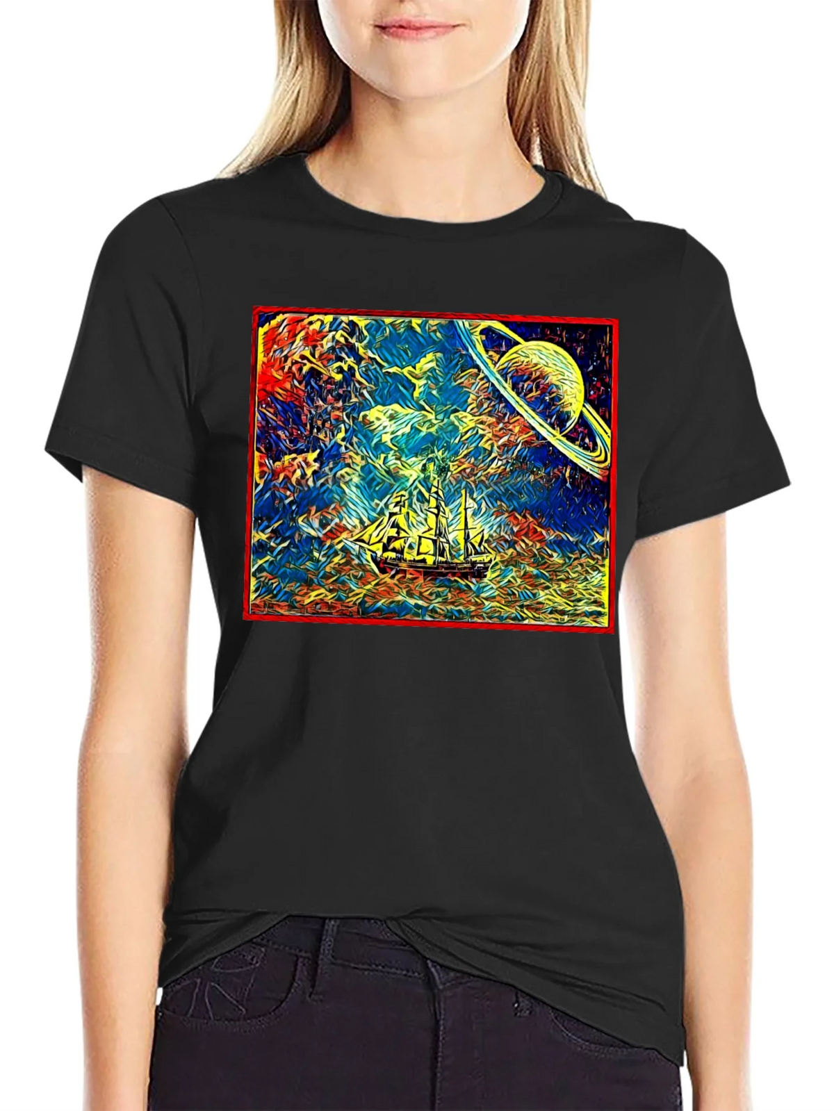 Cosmic Voyage T-Shirt - Saturn & Sailing Ship Tee product image 2