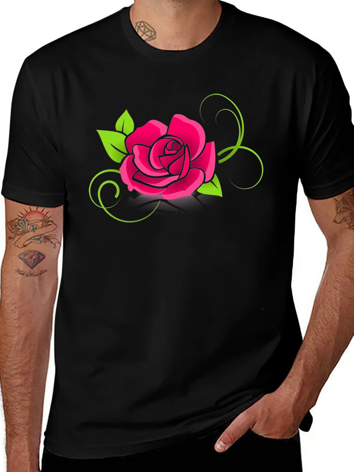 Black T-Shirt with Pink Rose Design product image 1
