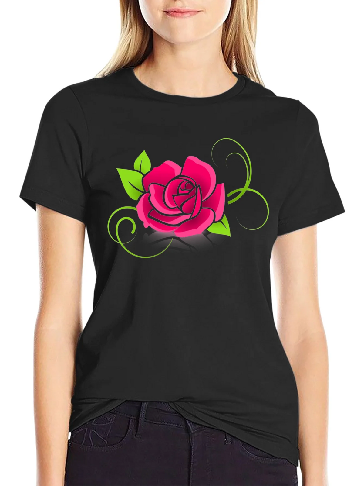 Black T-Shirt with Pink Rose Design product image 2