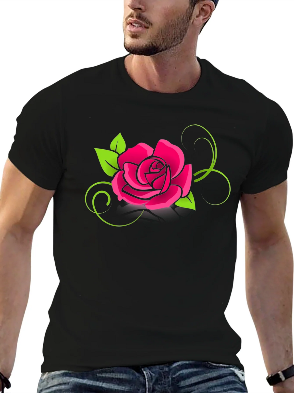 Black T-Shirt with Pink Rose Design product image 6