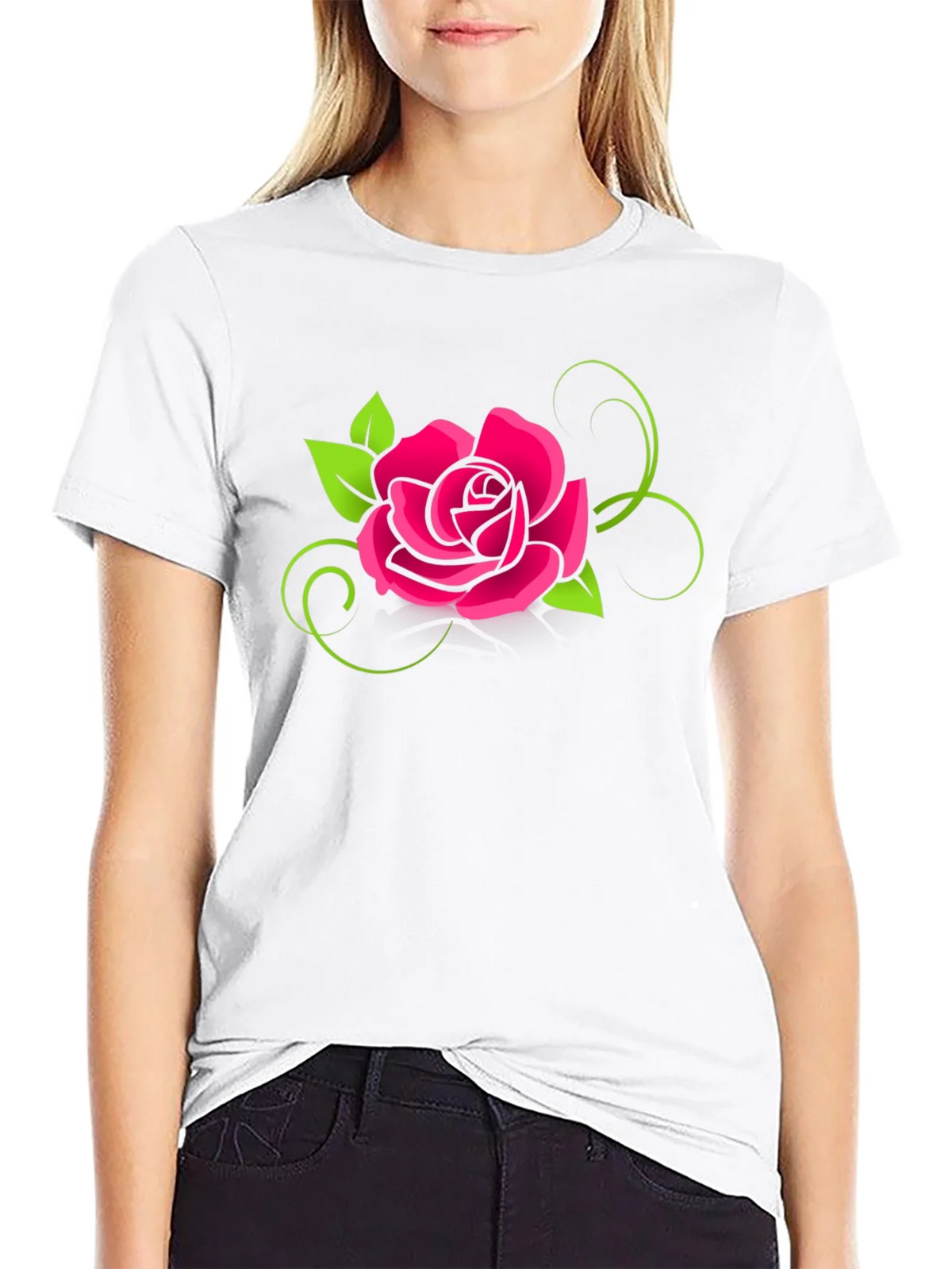 Black T-Shirt with Pink Rose Design product image 8