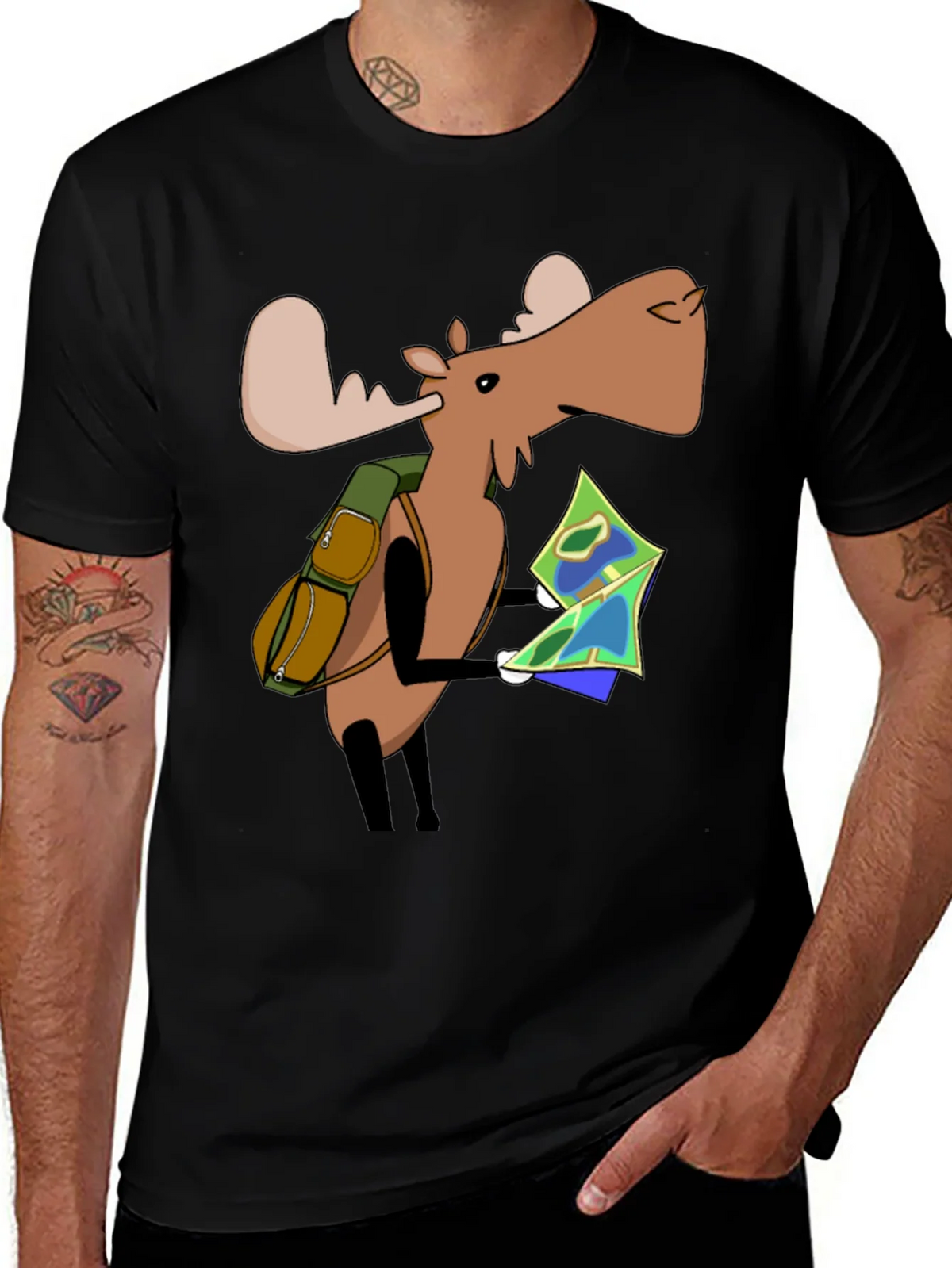 Cartoon Moose with Map T-Shirt - Black