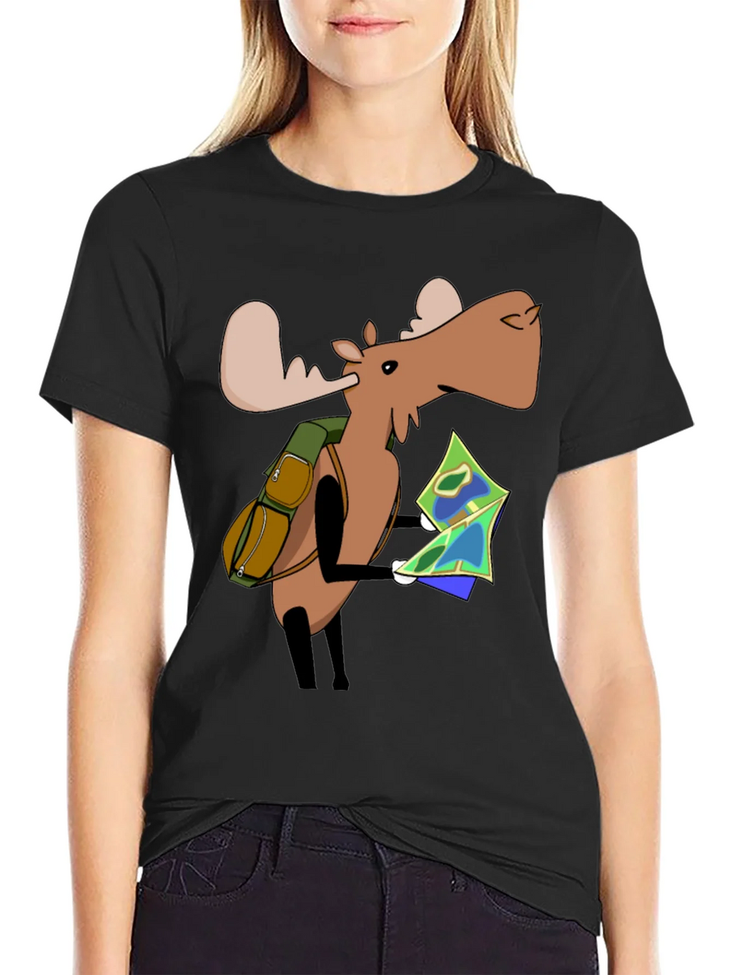 Cartoon Moose with Map T-Shirt - Black