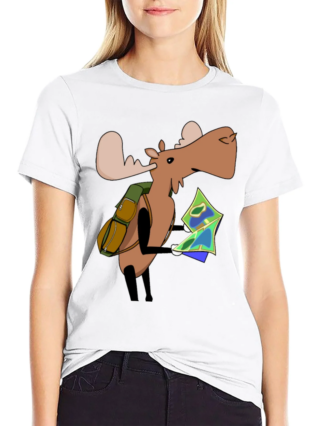 Cartoon Moose with Map T-Shirt - Black