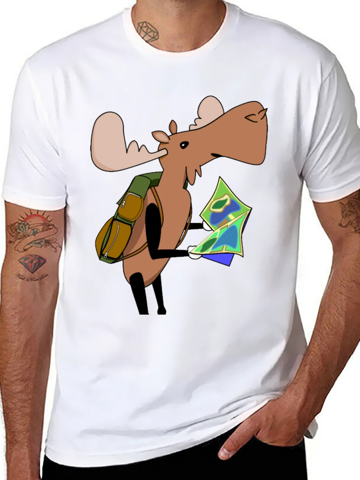 Cartoon Moose with Map T-Shirt - Black
