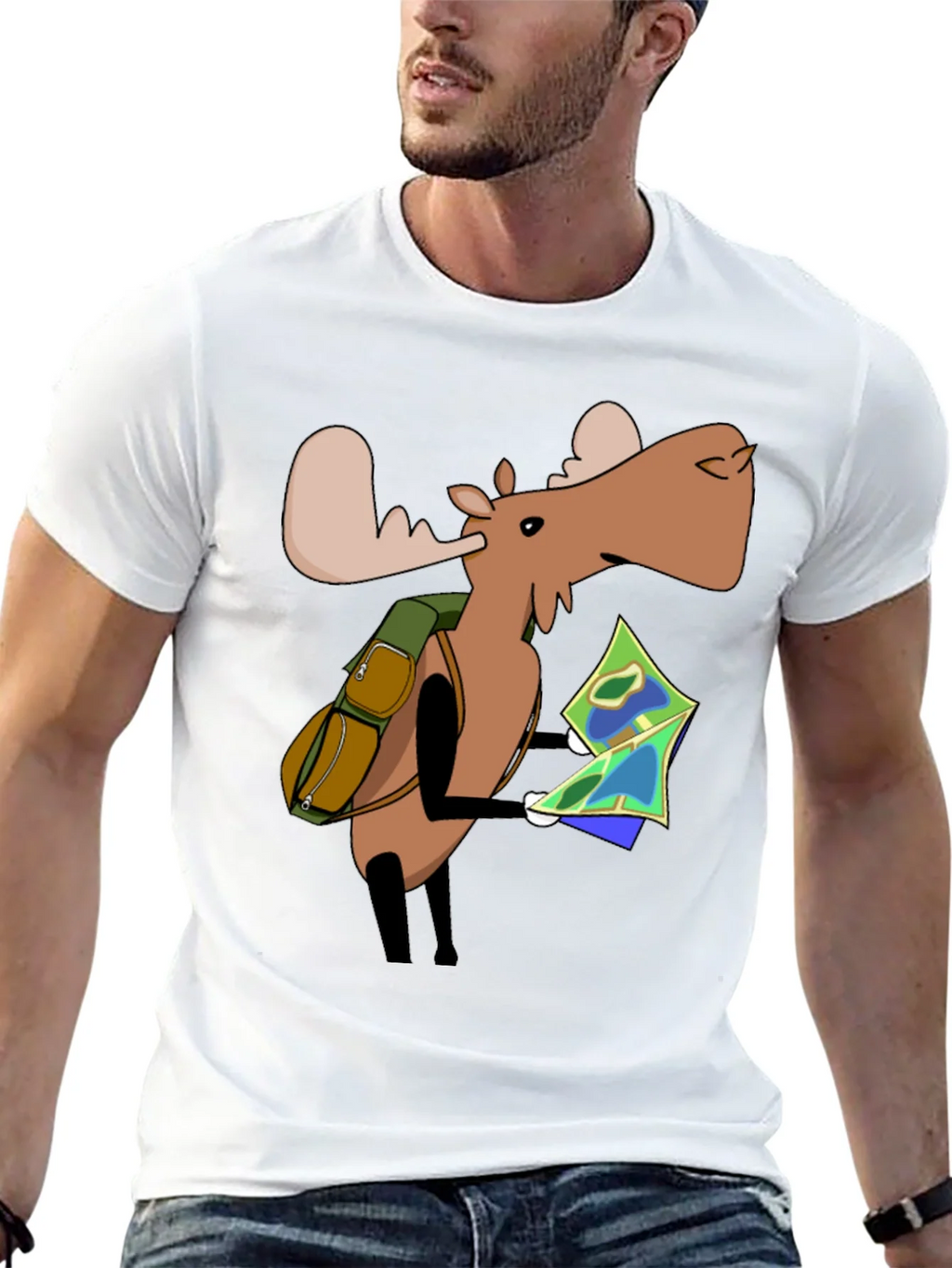 Cartoon Moose with Map T-Shirt - Black