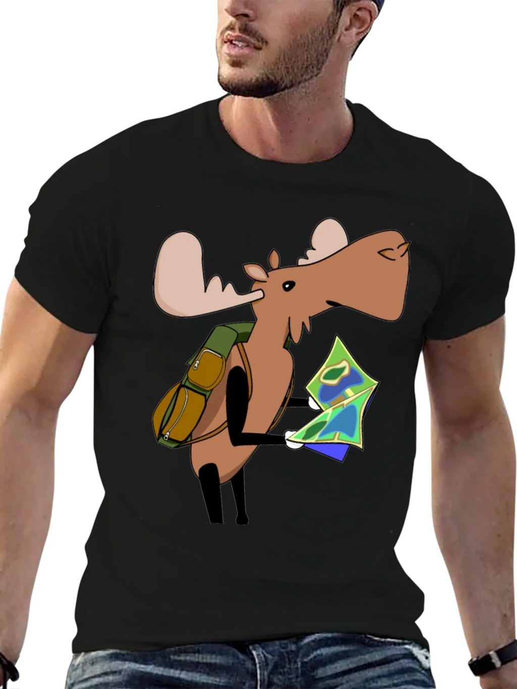 Cartoon Moose with Map T-Shirt - Black