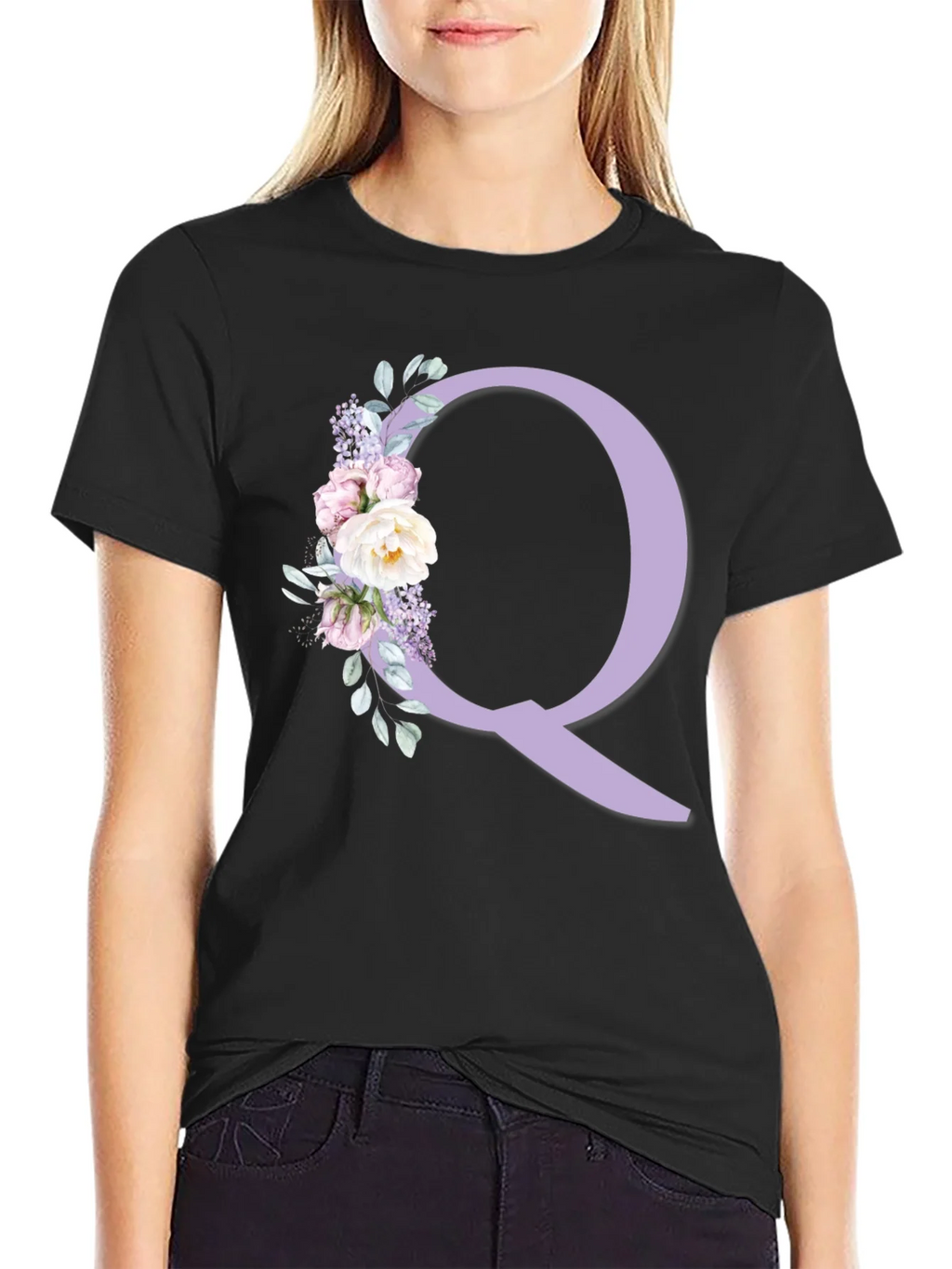 Floral Letter Q Black T-Shirt product image 2