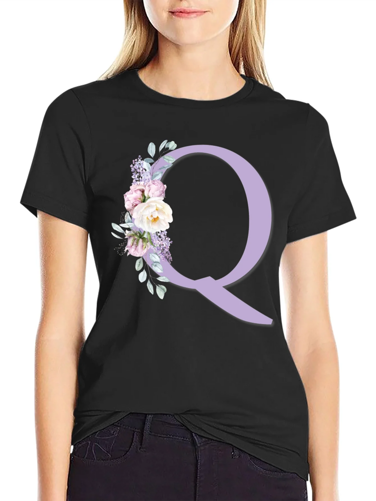 Floral Letter Q Black T-Shirt product image 2