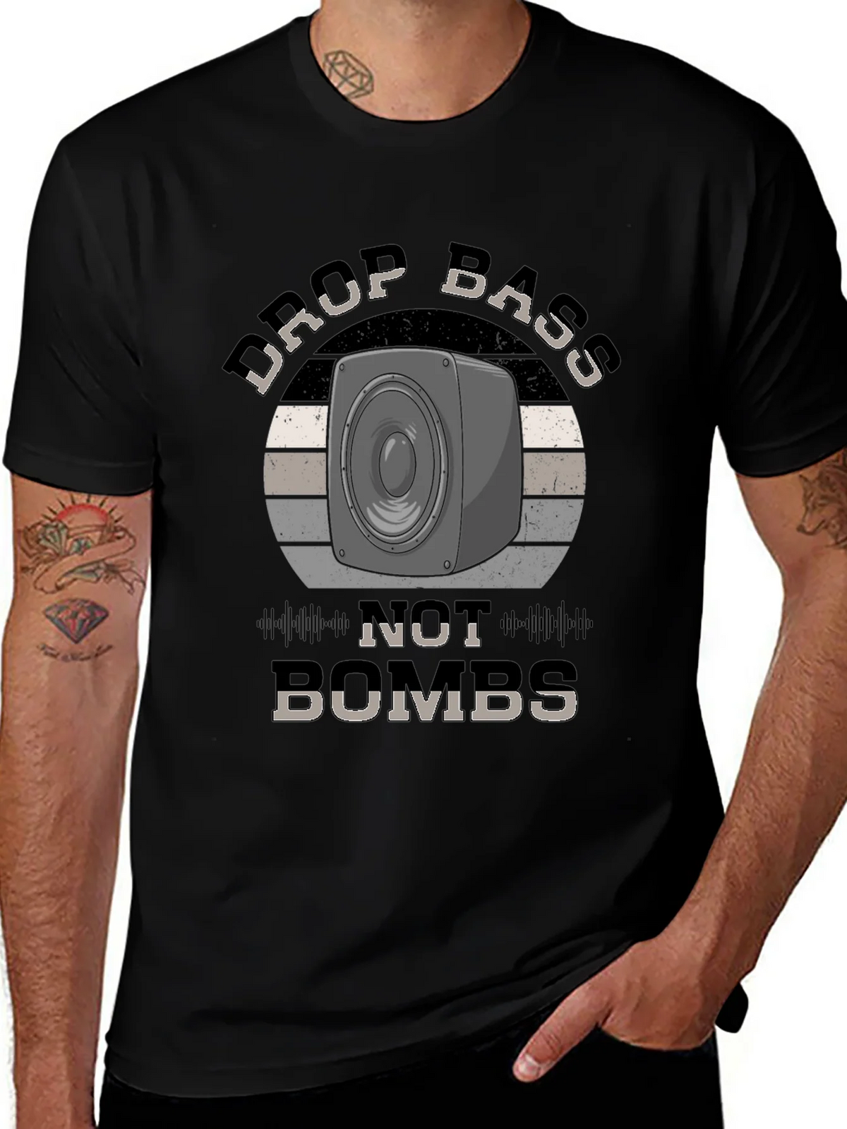 Drop Bass Not Bombs Black Graphic Tee product image 1
