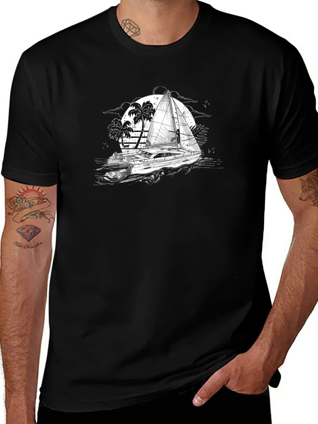 Black T-Shirt with Sailing Boat Graphic product image 1