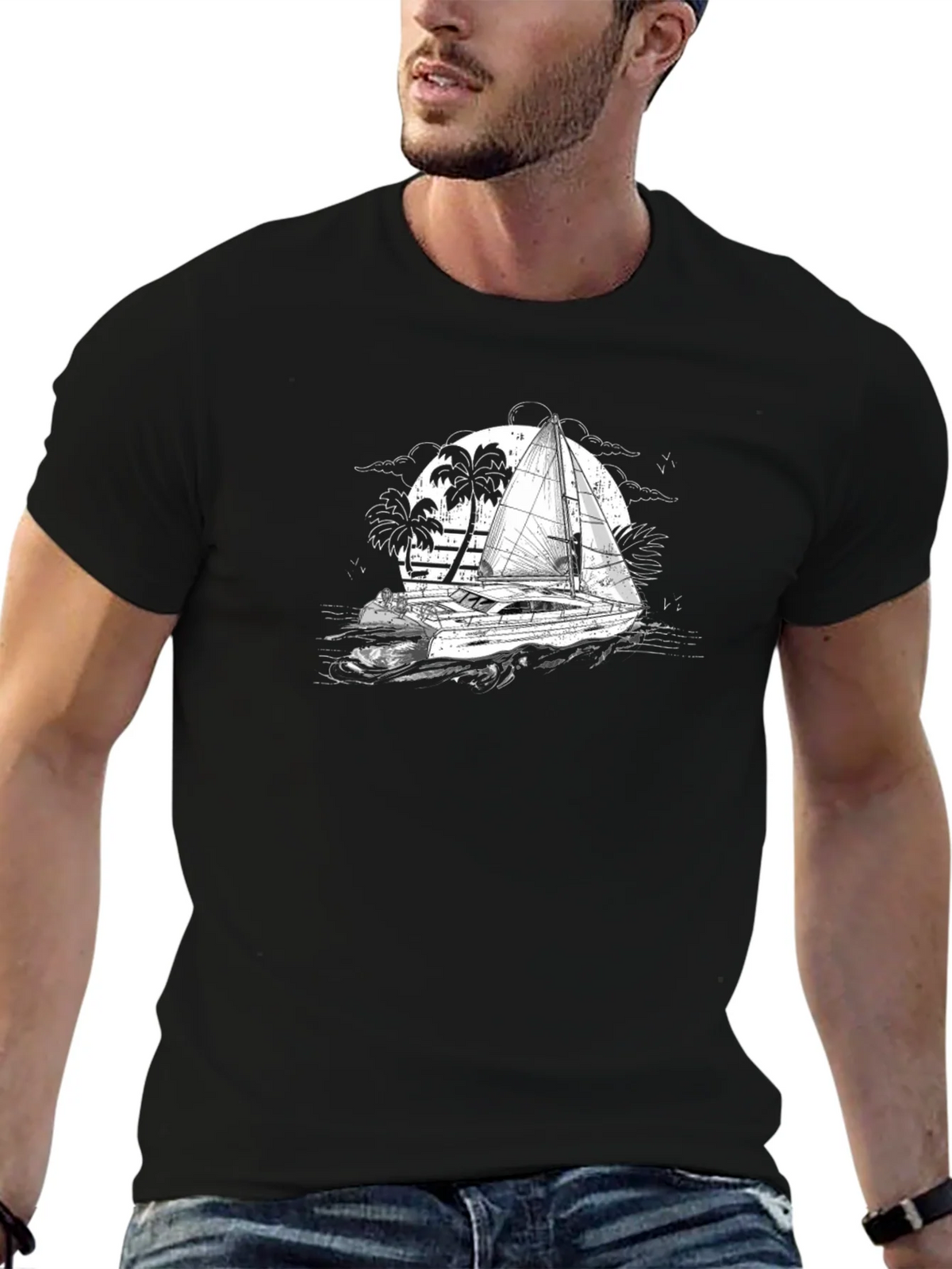Black T-Shirt with Sailing Boat Graphic product image 6