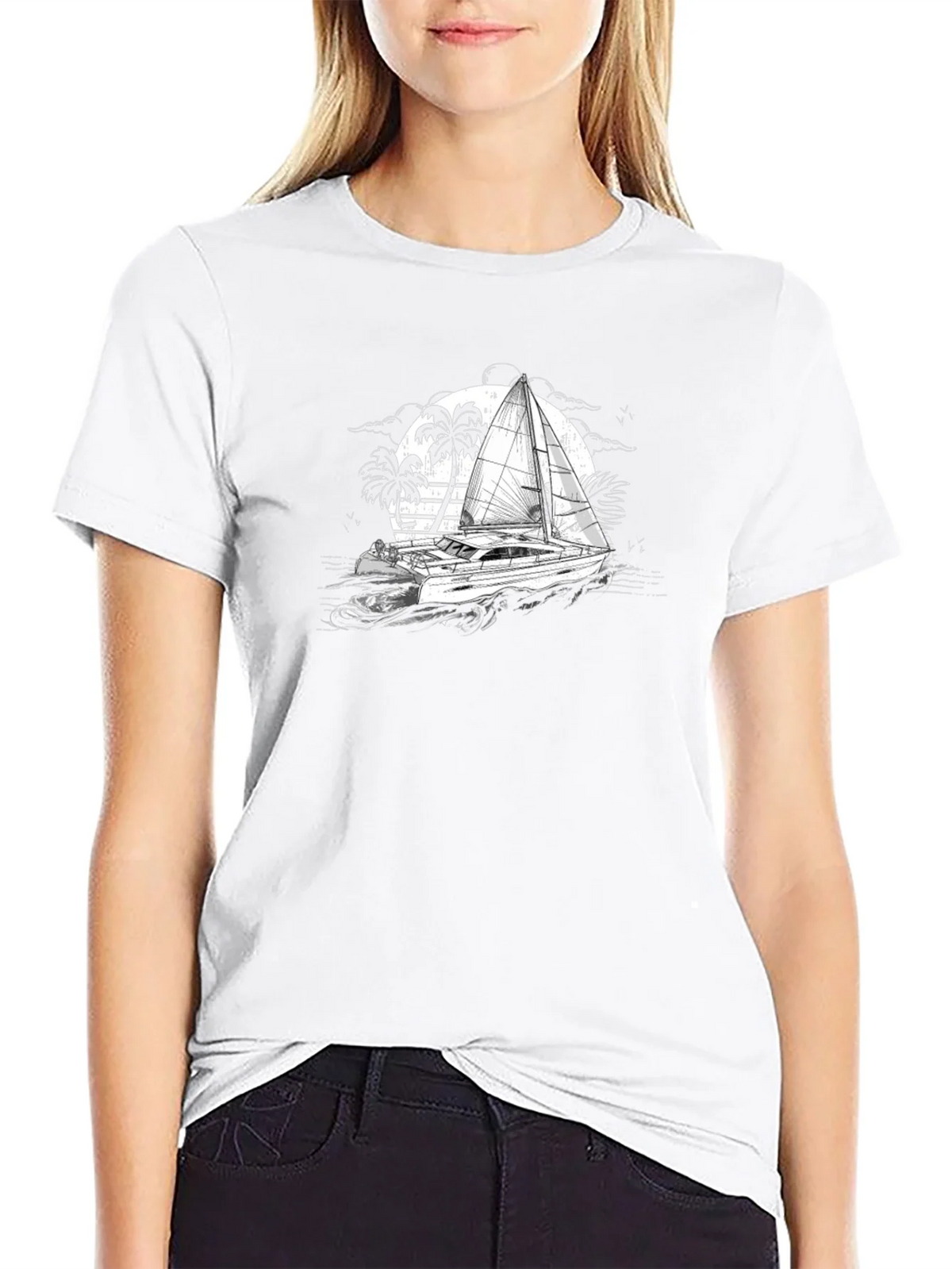 Black T-Shirt with Sailing Boat Graphic product image 8
