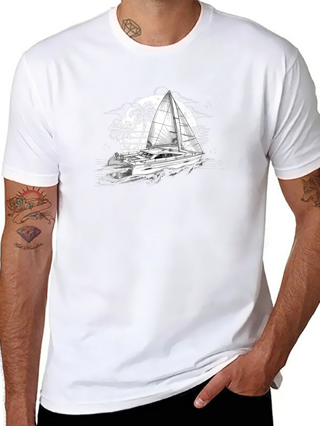 Black T-Shirt with Sailing Boat Graphic product image 7