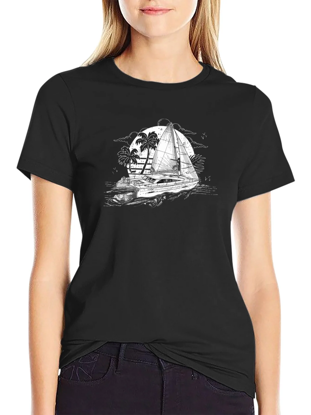 Black T-Shirt with Sailing Boat Graphic product image 2