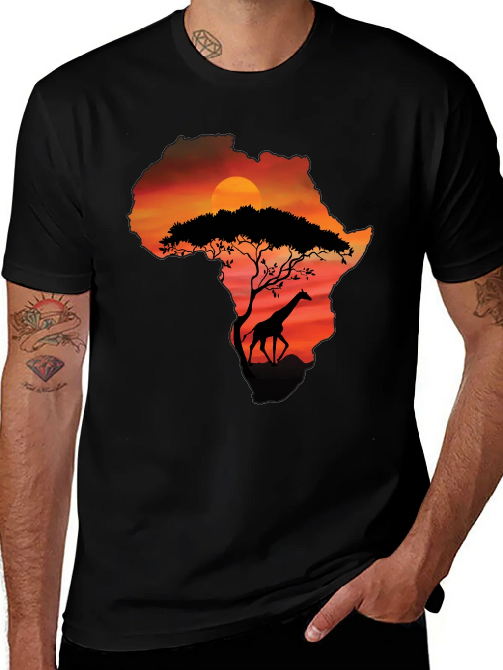 African Sunset Giraffe Graphic Tee - Black product image 1