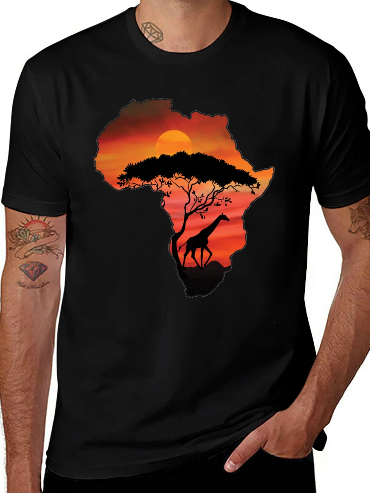 African Sunset Giraffe Graphic Tee - Black product image 1
