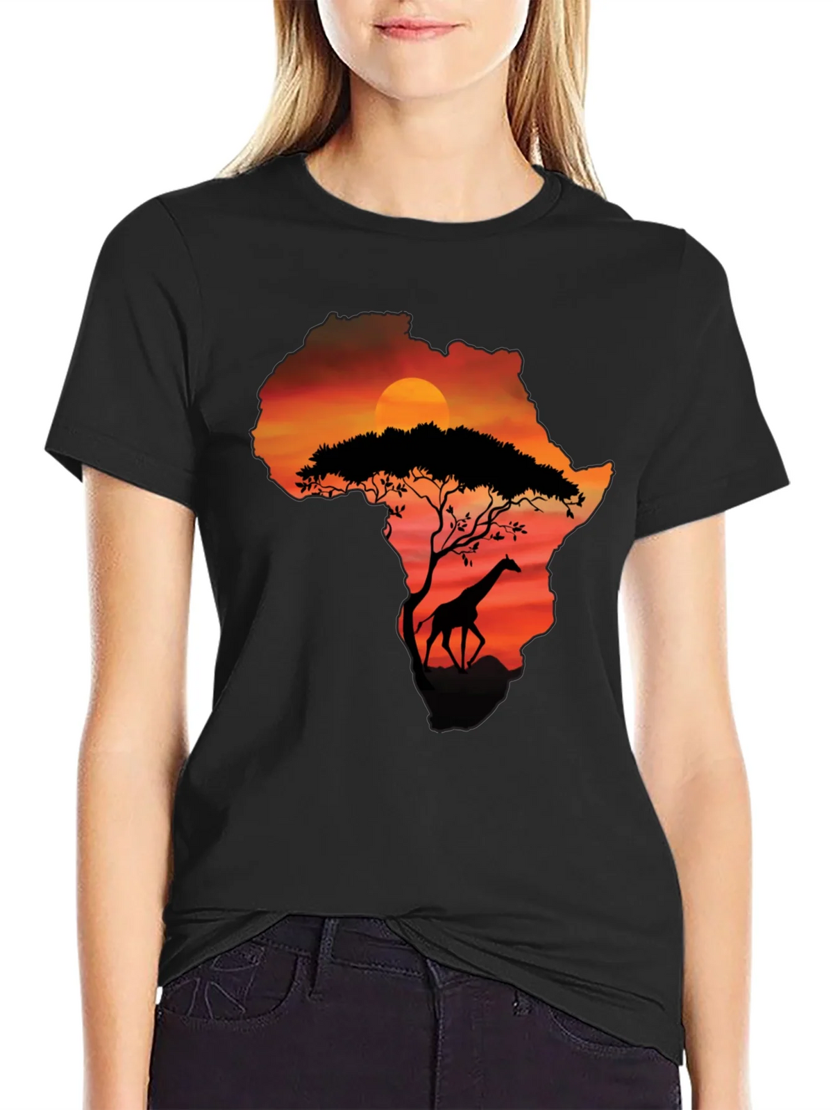 African Sunset Giraffe Graphic Tee - Black product image 2