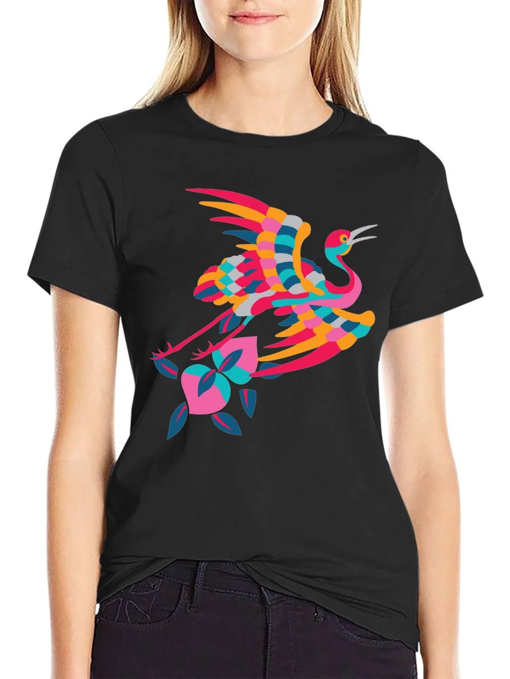 Stylish Crane Graphic Black T-Shirt product image 2