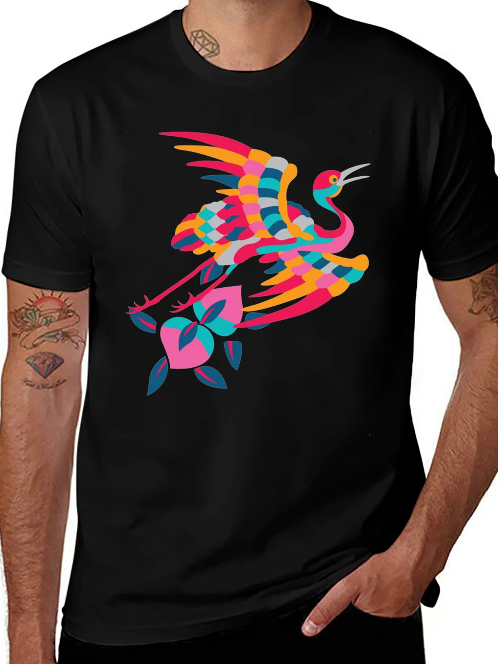 Stylish Crane Graphic Black T-Shirt product image 1