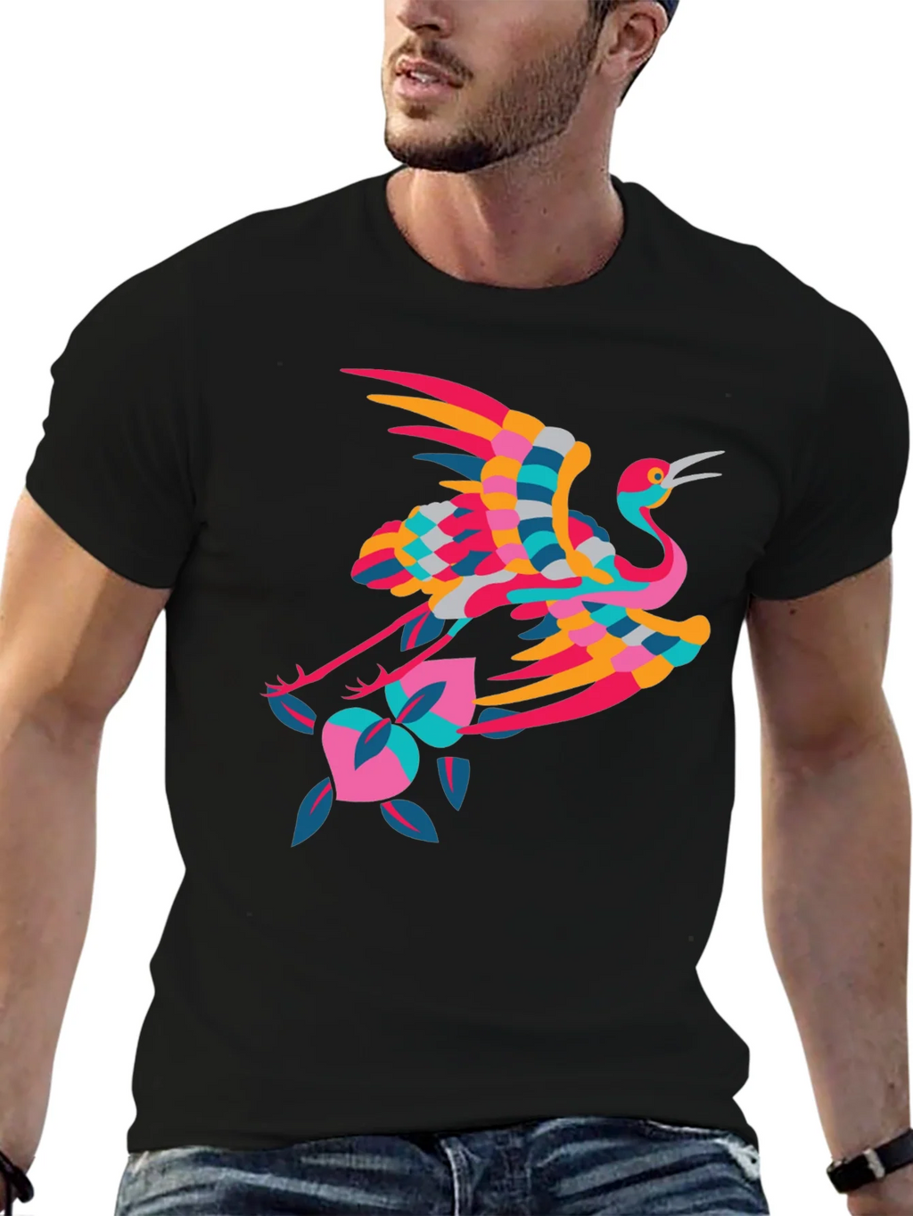 Stylish Crane Graphic Black T-Shirt product image 6