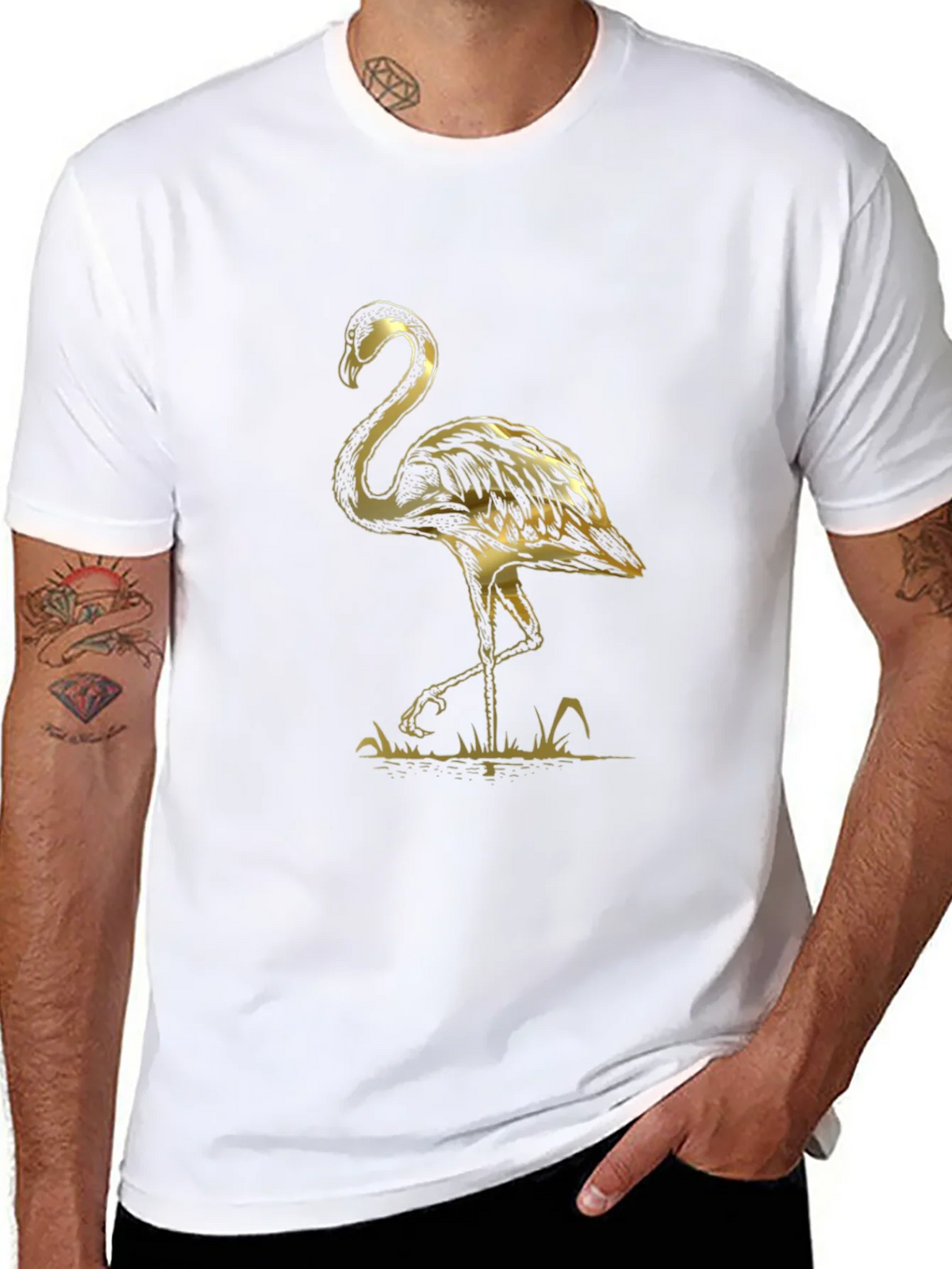 Black T-Shirt with Gold Flamingo Graphic Print product image 7