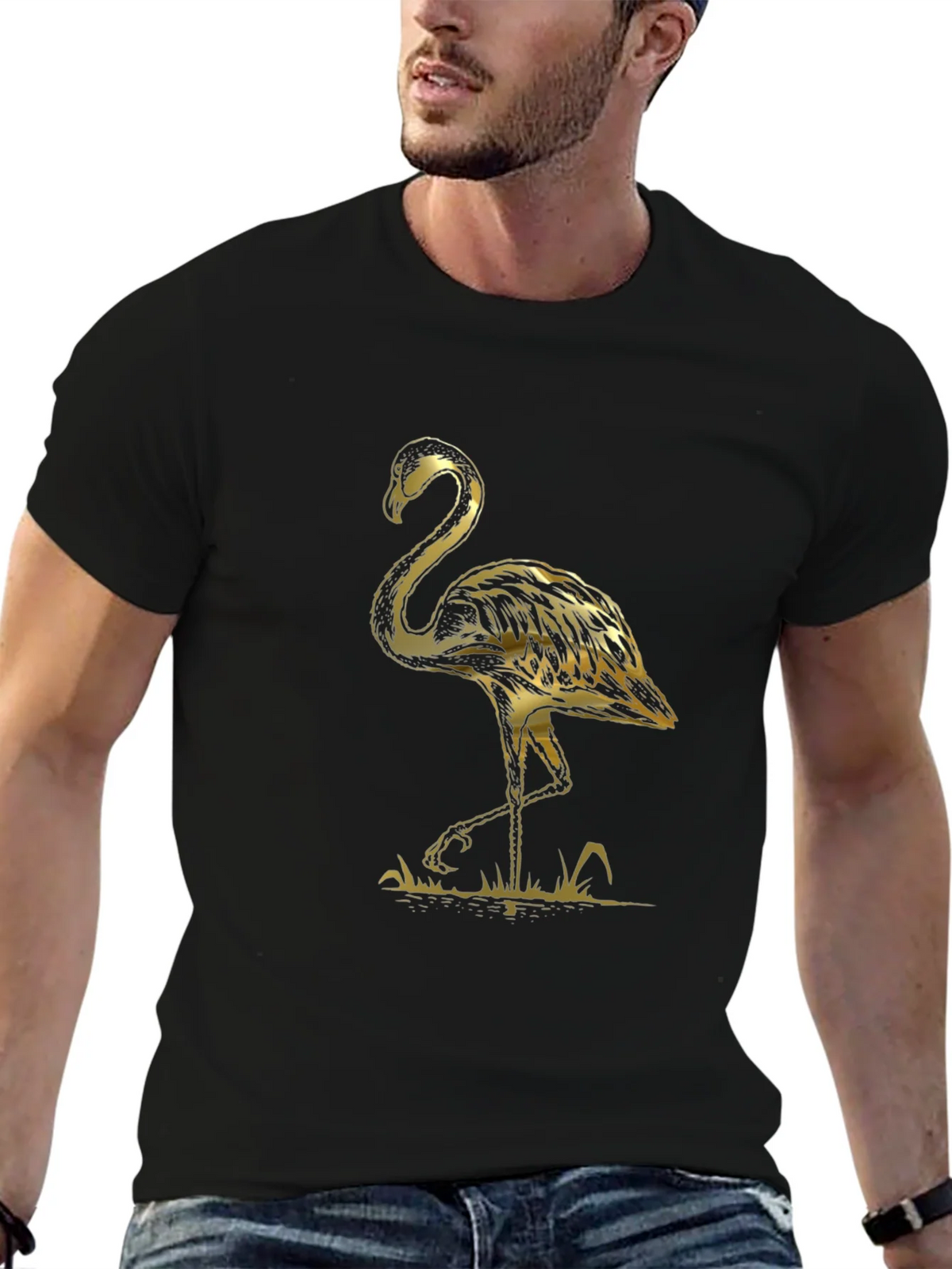 Black T-Shirt with Gold Flamingo Graphic Print product image 6
