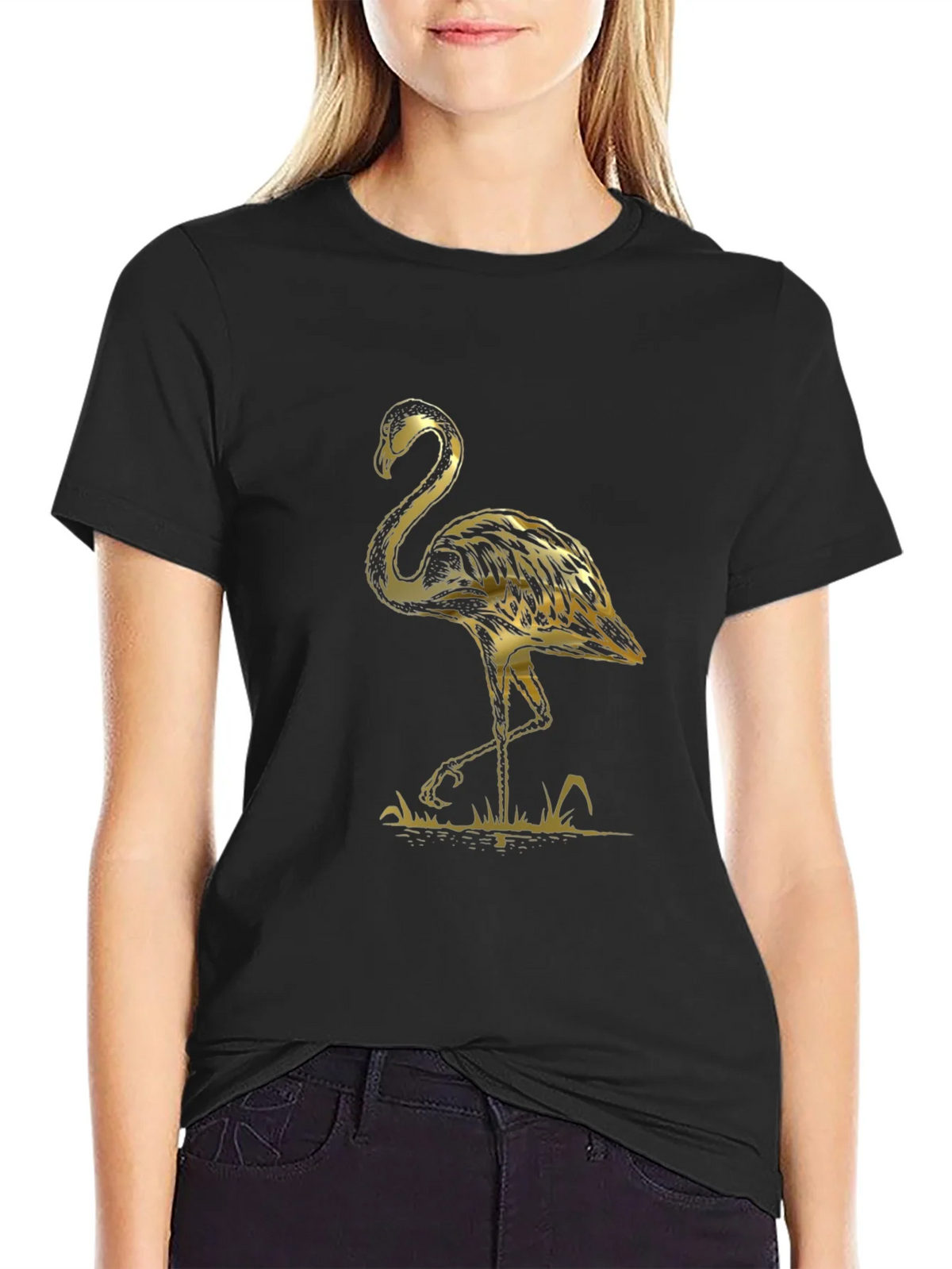 Black T-Shirt with Gold Flamingo Graphic Print product image 2